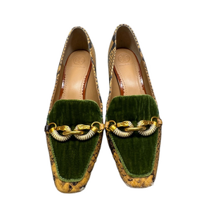 Tory Burch Green Velvet and Snakeskin Loafers Sz 7